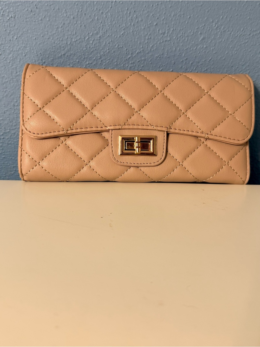 Quilted Tan Women's Wallet Clutch with Gold-Tone Turn Lock